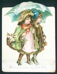 Bambini che camminano nella neve sotto un ombrello