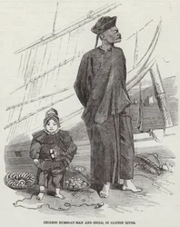 Uomo e bambino su una barca cinese