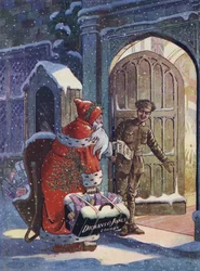 Pubblicità di Natale che mostra Babbo Natale che porta doni ai soldati della Prima Guerra Mondiale dal grande magazzino Dickins and Jones (litografia a colori)