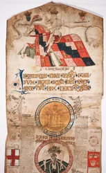 Cronaca della storia del mondo dalla creazione a Woden, con una genealogia di Edoardo IV (Rotolo di Edoardo IV), sezione iniziale con un ritratto di Edoardo IV a cavallo, un medaglione con Dio e un altro