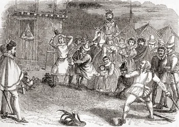 Lancio del gallo, noto anche come tiro al gallo o lancio contro i galli, da Old England: A Pictorial Museum, pubblicato nel 1847
