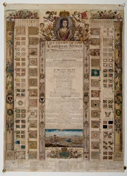 Carta commemorativa che mostra gli stendardi catturati dai francesi dopo la Battaglia di Blenheim, c.1704