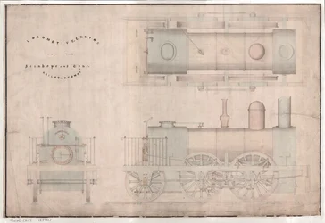 Disegno di costruzione, locomotiva 0-4-2 e tender di R. e W. Hawthorn e Co. per la Stanhope and Tyne Railway Co
