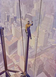 Operaio edile sulla struttura in acciaio di un grattacielo sopra le strade di New York City, New York, USA (litografia a colori)
