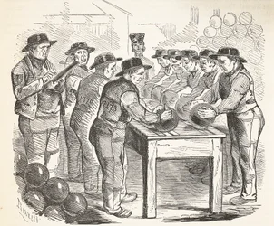 Detenuti che raschiano colpi, illustrazione da The Criminal Prisons of London and Scenes from Prison Life di Henry Mayhew e John Binny, pub. 1862