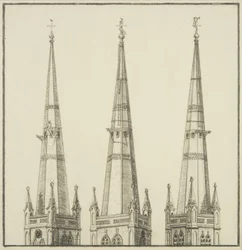 Copia di un disegno del campanile di San Nicola, che mostra la rimozione del gallo segnavento