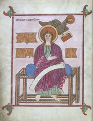 San Giovanni con il suo simbolo, dai Vangeli di Lindisfarne, 710-721