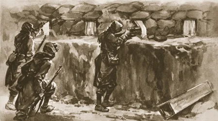 Tende da finestra di cottage come schermi per feritoie di trincea: un espediente francese per ingannare il cecchino nemico, da The Illustrated War News, 1915
