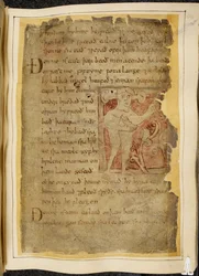 Un panotii, cioè un uomo con orecchie che sporgono su steli, che tiene un oggetto che sembra un arco, illustrazione da Beowulf, dal 