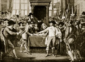Cromwell scioglie il Lungo Parlamento, 1653, illustrazione da Hutchinsons Story of the British Nation
