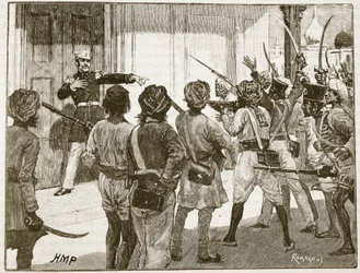 De Kantzow difende il Tesoro a Mynpooree, illustrazione da Cassells Illustrated History of England