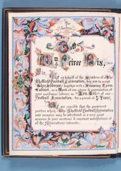 Dedica di un indirizzo presentato dalla Sheffield Football Association a William Pierce-Dix in occasione del suo pensionamento come Segretario, 1882