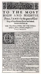 Pagina di dedica nella Bibbia Sacra, pub. da Robert Barker, 1611