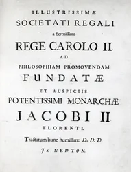 Dedica alla Royal Society della prima edizione dei Principia Mathematica di Newton, 1687
