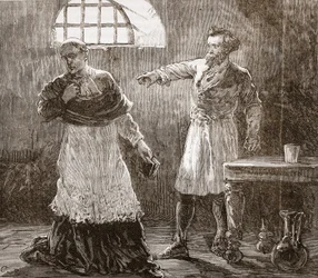 Denis che rimprovera il vescovo di Meaux, illustrazione da La storia del protestantesimo di James Aitken Wylie (1808-1890), pub. 1878