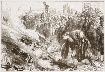 Distruzione delle opere di Wicliffe a Praga, illustrazione da La storia del protestantesimo di James Aitken Wylie (1808-1890), pub. 1878