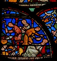 Dettaglio della Vetrata dei Miracoli raffigurante la madre di Geoffrey di Winchester che prega San Tommaso