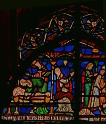 Dettaglio della Vetrata dei Miracoli raffigurante San Tommaso che appare al bambino Geoffrey di Winchester
