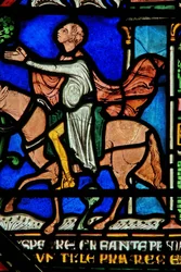 Dettaglio dalla Finestra dei Miracoli raffigurante un cavaliere che esce dalla città guarito