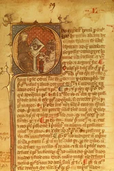 (dettaglio) di una lettera ornamentale in un manoscritto del XIV secolo. Duns Scotus che tiene una lezione ai suoi studenti