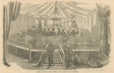 Cena nel modello di Iguanodonte, al Crystal Palace, Sydenham