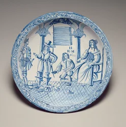 Piatto con la Regina Caterina seduta mentre un Cavaliere inginocchiato le prova una scarpa, 1677
