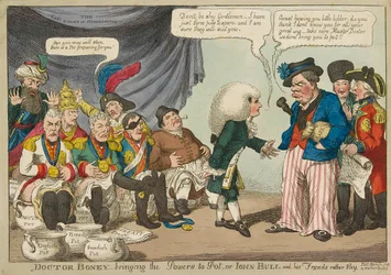 Dottor Boney che porta i poteri a Pot..., 1808 incisione colorata a mano