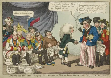 Doctor Boney che porta i poteri a Pot, o John Bull e i suoi amici piuttosto timidi, pub. 1808 (incisione colorata a mano)