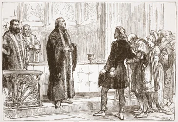 Dr. Haller che distribuisce la Cena del Signore nella Cattedrale di Berna, illustrazione da The History of Protestantism di James Aitken Wylie, pub. 1878