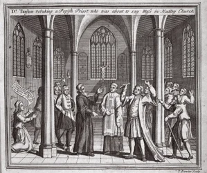 Dr Taylor che rimprovera un prete papista che stava per dire messa nella chiesa di Hadley, illustrazione da Foxes Martyrs c.1703