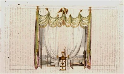 Tenda per finestra del salotto e tavolo da lavoro, tavola 104 da Repository of Arts di Ackermann, pubblicato dal 1809 al 1828