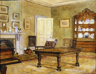 Interno di un salotto con collezione di porcellane, c.1890