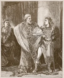 Dunstan che trascina Edwy dalla presenza di Elgiva, illustrazione da Cassells Illustrated History of England