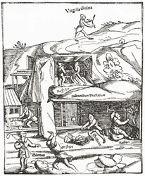 Rappresentazione precoce della Bacchetta Divinatoria, che mostra una figura con una bacchetta divinatoria sopra il terreno alla ricerca di acqua, carbone o oro e i minatori sottoterra che lavorano per trovare carbone. Da The Strand Magazine pubblicato nel 