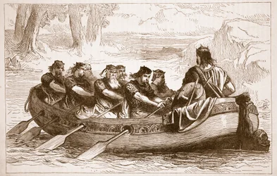 Edgar il Pacifico che viene remato lungo il fiume Dee da otto principi tributari, illustrazione da Cassells Illustrated History of England