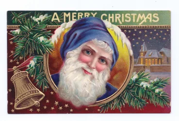 Cartolina natalizia edoardiana di Babbo Natale con vischio e campana, 1910 circa (litografia a colori)
