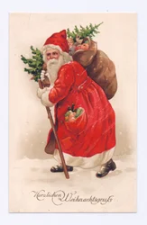 Cartolina edoardiana di Babbo Natale che porta a tracolla un albero di Natale e un sacco di giocattoli, 1910 circa (litografia a colori)