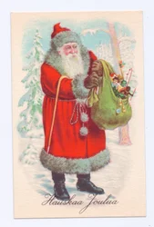 Cartolina edoardiana di Babbo Natale con in mano un sacco di giocattoli, 1910 circa (litografia a colori)