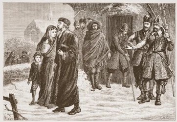Espulsione di un pastore protestante ungherese in inverno, illustrazione da The History of Protestantism di James Aitken Wylie, pub. 1878