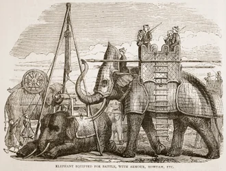 Elefante equipaggiato per la battaglia, con armatura, howdah, ecc., illustrazione da Cassells Illustrated History of India di James Grant, pub. 1879