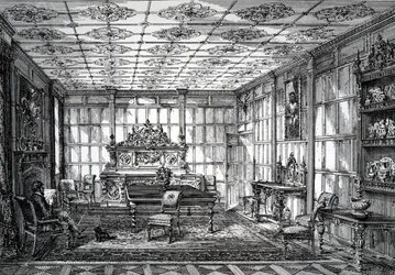 Sala da pranzo elisabettiana, pubblicata in The House-Furnisher & Decorator, 1 ottobre 1872