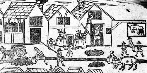 Scena di strada elisabettiana, da A Book of Roxburghe Ballads