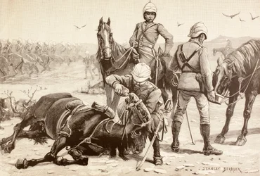 Cavalleria inglese che abbevera i cavalli durante la guerra mahdista, Sudan negli anni 1880
