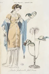 Tavola di moda inglese che raffigura una giovane donna che sceglie un cappello, 1812