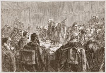 Episcopius che si rivolge ai membri del Sinodo di Dort, illustrazione da The History of Protestantism di James Aitken Wylie, pub. 1878