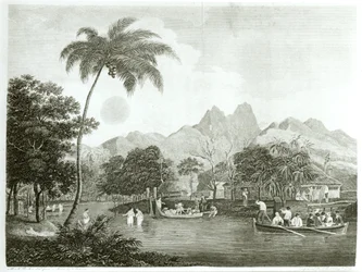 Missionari europei in un villaggio tahitiano, da Un viaggio missionario nell