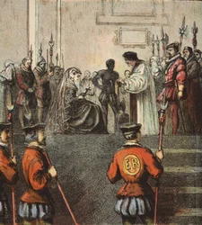 Esecuzione di Maria, Regina di Scozia, pub. 1890 (litografia a colori)