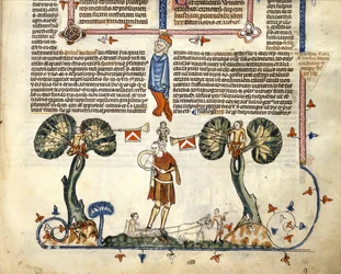 Uomo che suona un piffero e un tamburo, dai Decretali di Smithfield, c.1340