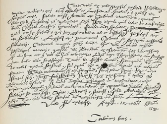 Facsimile della scrittura di Calvino, illustrazione da La storia del protestantesimo di James Aitken Wylie (1808-1890), pub. 1878