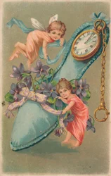 Fate che legano nastri e fiori intorno a un cuscino, Cartolina di Capodanno